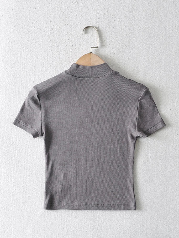 High Neck Fitted Short Sleeve T-shirt Rib Crop Rib Top