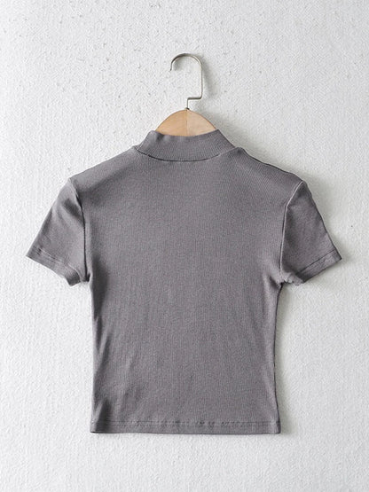 High Neck Fitted Short Sleeve T-shirt Rib Crop Rib Top