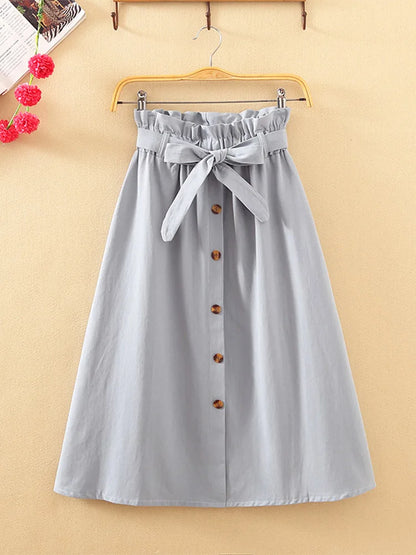 Summer Autumn Skirts Midi Knee Length Korean Button High Waist Skirt Female Pleated School Skirt