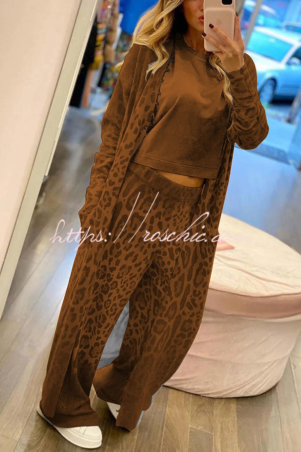 Comfort First Leopard Print Pocket Long Sleeve Cardigan Elastic Waist Pants Set