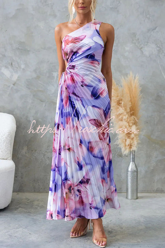 Laken Print One Shoulder Adjustable Tie Cutout Pleated Maxi Dress