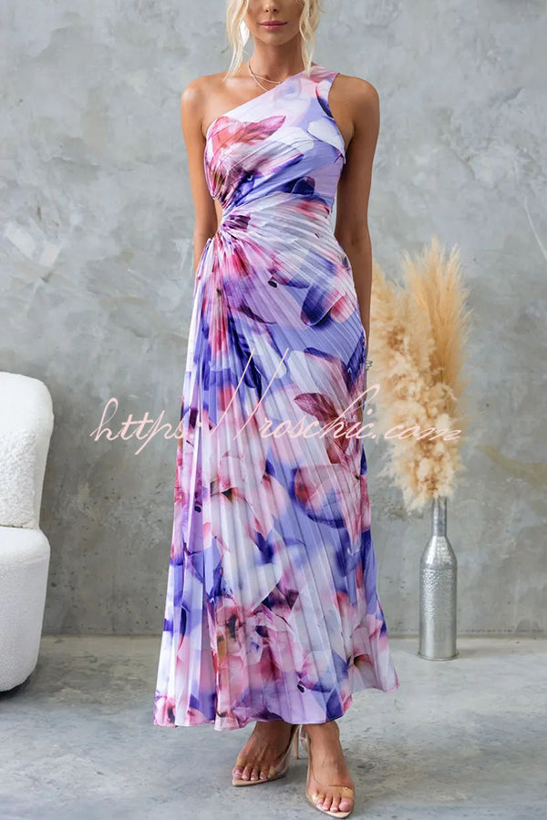 Laken Print One Shoulder Adjustable Tie Cutout Pleated Maxi Dress
