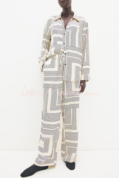 Unique Print Lapel Long Sleeve Loose Shirt and Elastic Waist Pocket Wide Leg Pants Set