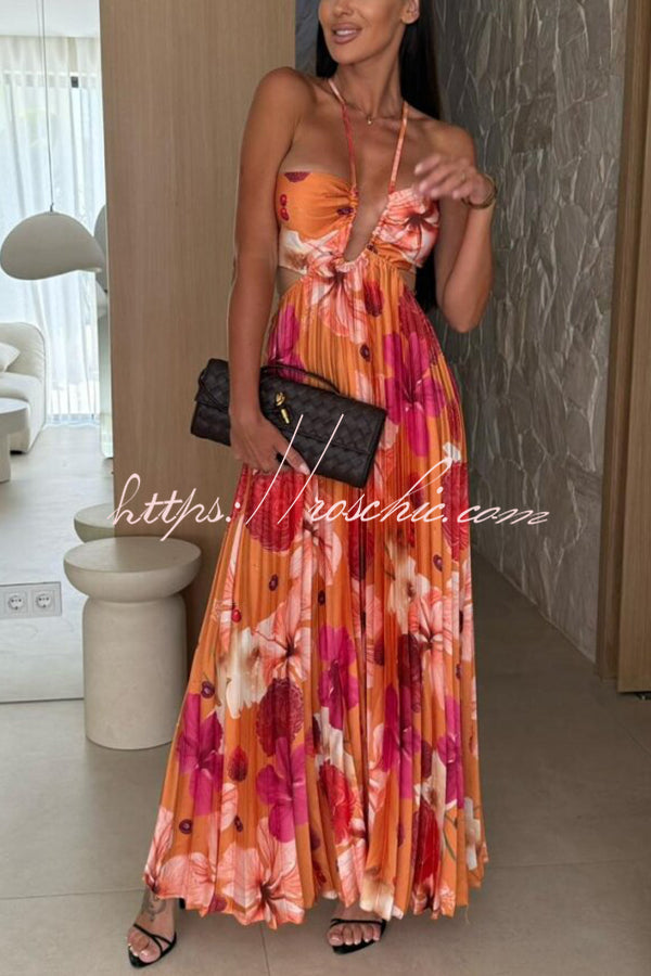 Casey Satin Print Cutout Halter Back Tie-up Pleated Maxi Dress