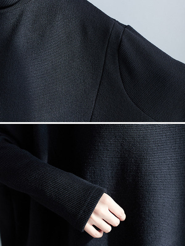 Loose Black Heaps Collar Pockets A-line Long Sleeve Sweater An1065