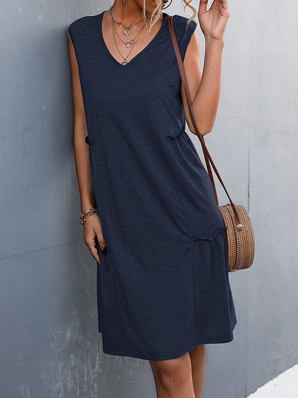 A-line Loose Pleated Color Split-joint V-neck Midi Dresses