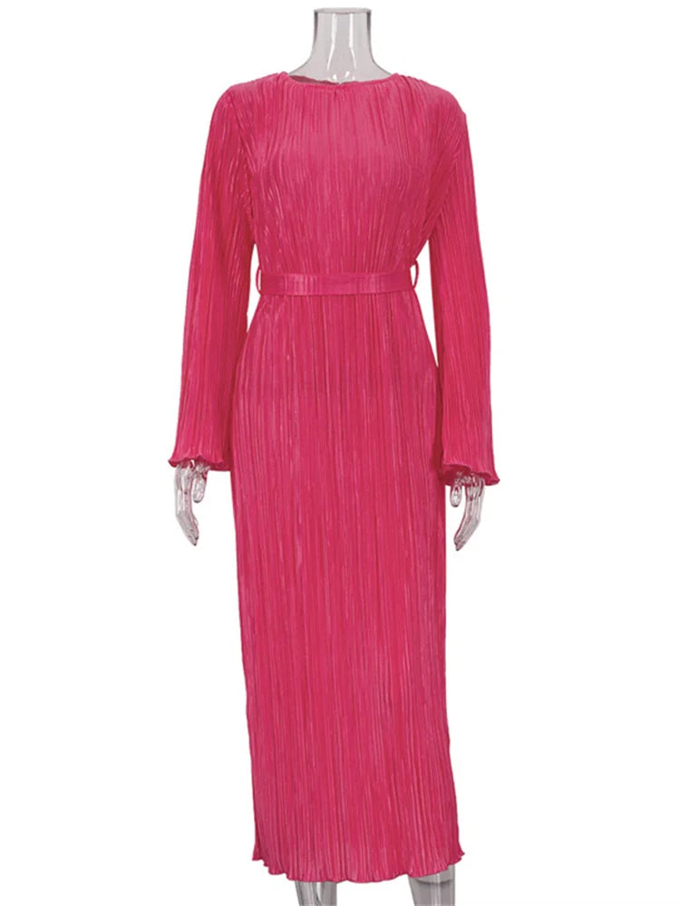 Ruffled Lace-up Long Dress Slim Long Sleeve Striped Pleated Party Dress Autumn Gown Female Dress