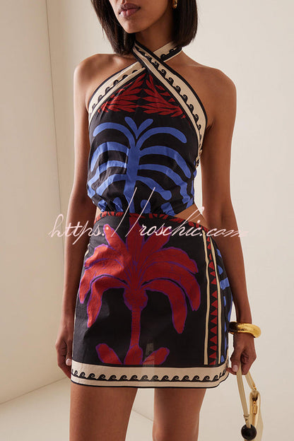 Unique Printed Halterneck Resort Beach Mini Dress