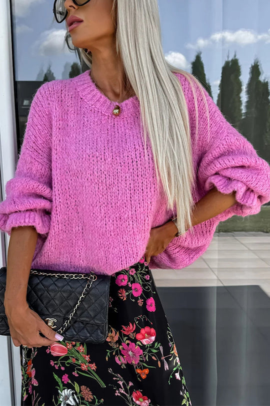 Color Round Neck Ruffled Long Sleeve Knitted Sweater