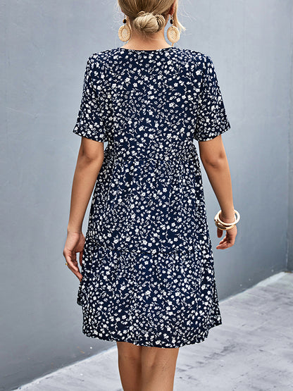 Short Sleeves Flower Print Split-joint V-neck Mini Dresses