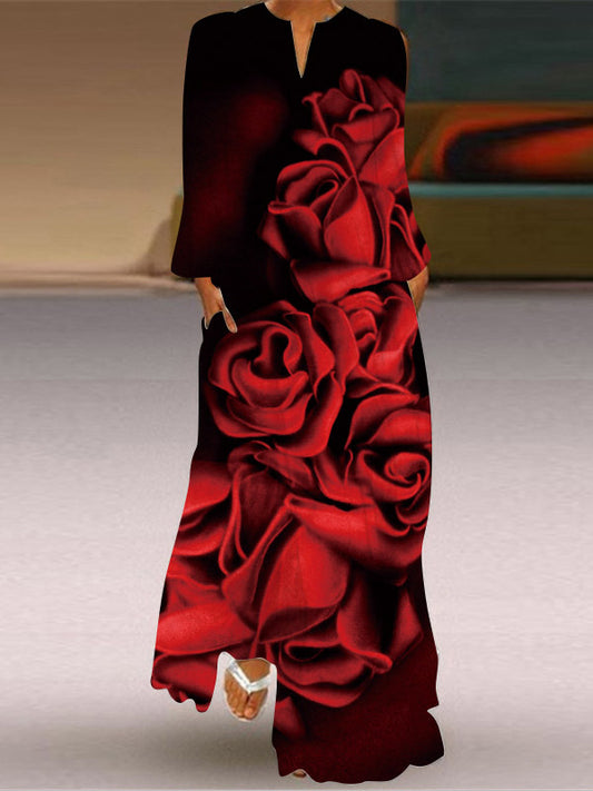 Long Sleeves Loose Printed Gradient V-neck Maxi Dresses