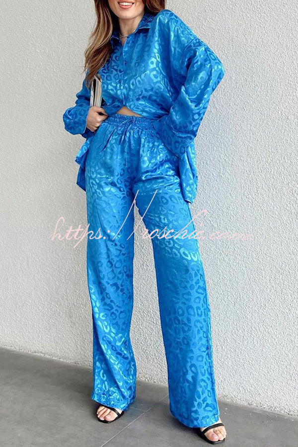 Leopard Print Jacquard Long Sleeved Shirt With Elastic Waist and Pant Two Piece Set