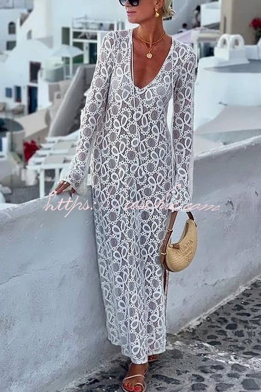 Santorini Sunset Lace Long Sleeve Slit Vacation Maxi Dress