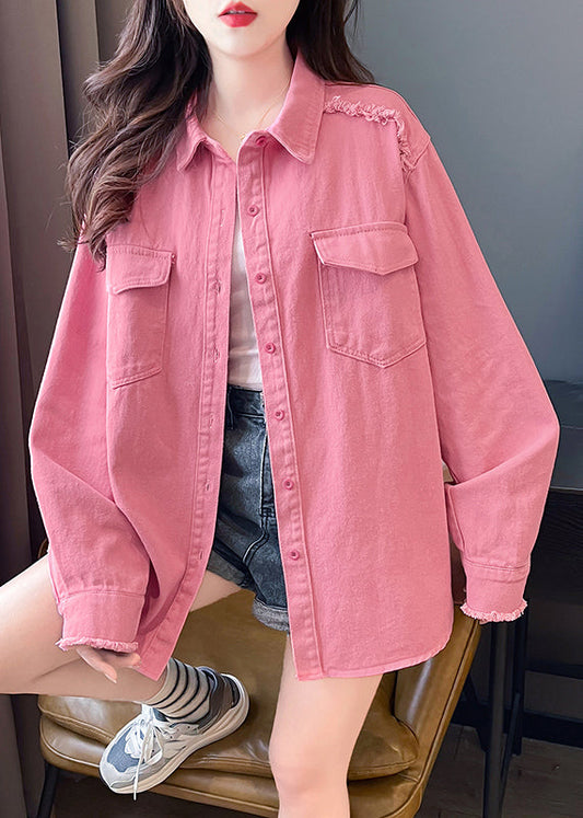 Pink Peter Pan Collar Pockets Denim Shirts Coat Fall Qc001