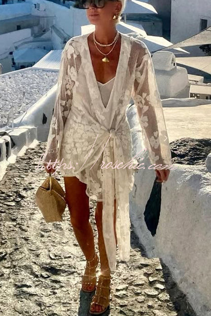 Beach Elegance Lace Long Sleeve Wrap Tie-up Vacation Mini Dress