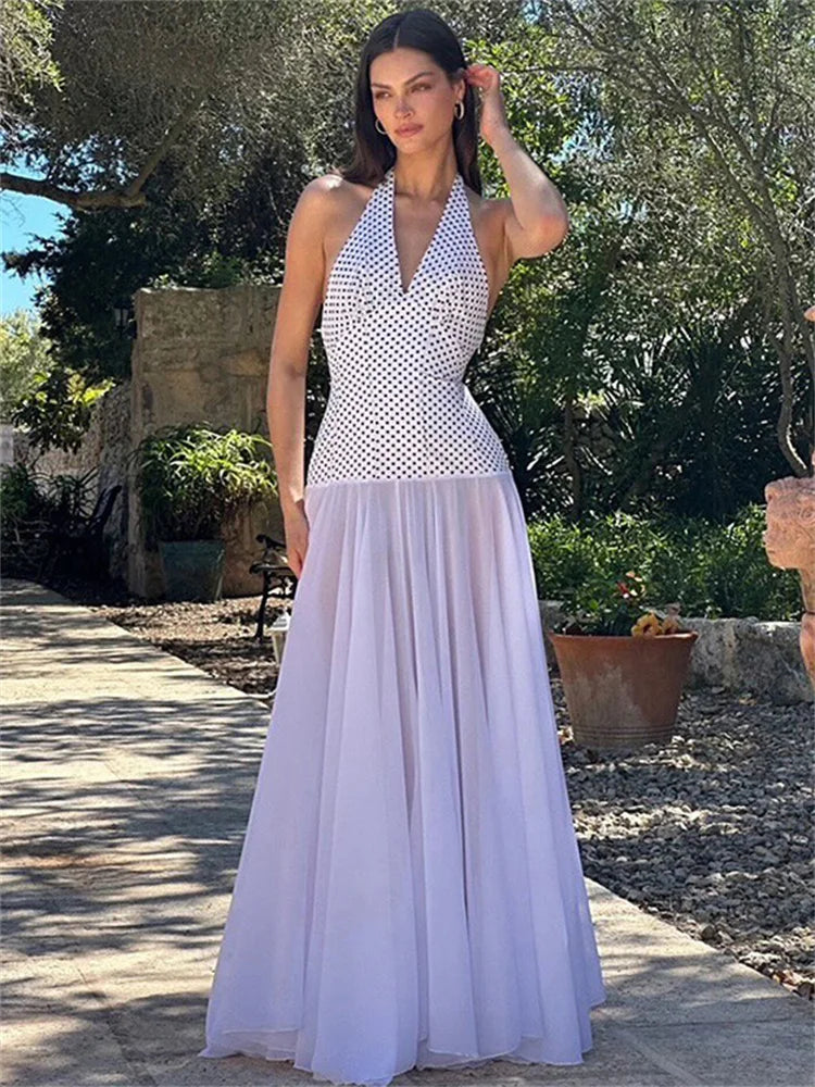 V-neck Summer Maxi Dress for Contrast Patchwork See-through Dress Slim Backless Lace-up Long Dress