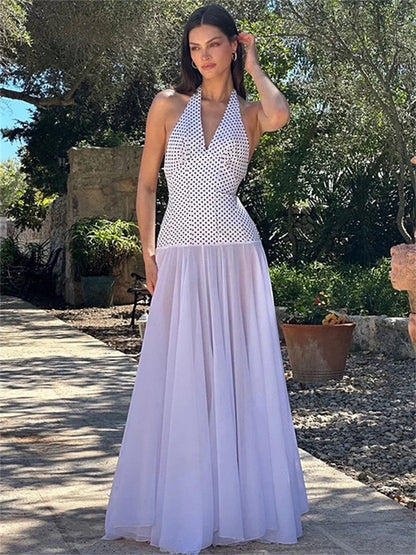 V-neck Summer Maxi Dress for Contrast Patchwork See-through Dress Slim Backless Lace-up Long Dress