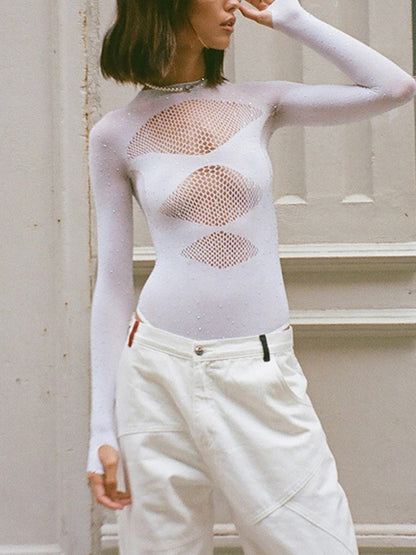 High-elastic Knitted See-through Long-sleeved Hollow Jumpsuit