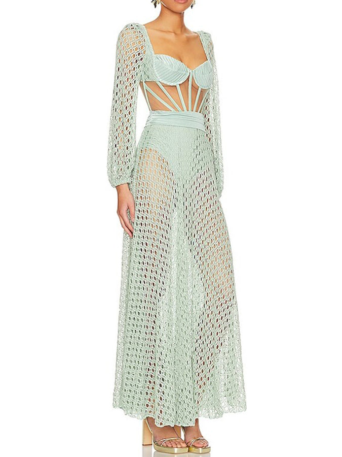 Natural Cutout Stretch-jersey and Crochet-knit Maxi Dress