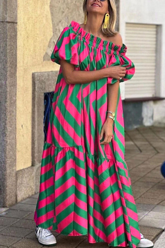 Linen Blend Off Shoulder Ruffle Puff Sleeve Pocketed Midi Dress