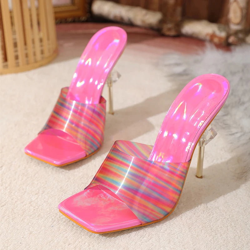 Liyke Candy Color Pvc Transparent Slippers Square Toe High Heels Sandals Summer Party Shoes