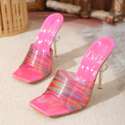 Liyke Candy Color Pvc Transparent Slippers Square Toe High Heels Sandals Summer Party Shoes