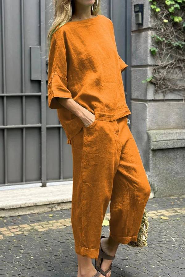 Color Crewneck Top \u0026 Pants Cotton Linen Two-piece Set