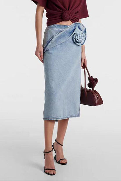 Ruched Rose Denim Skirt