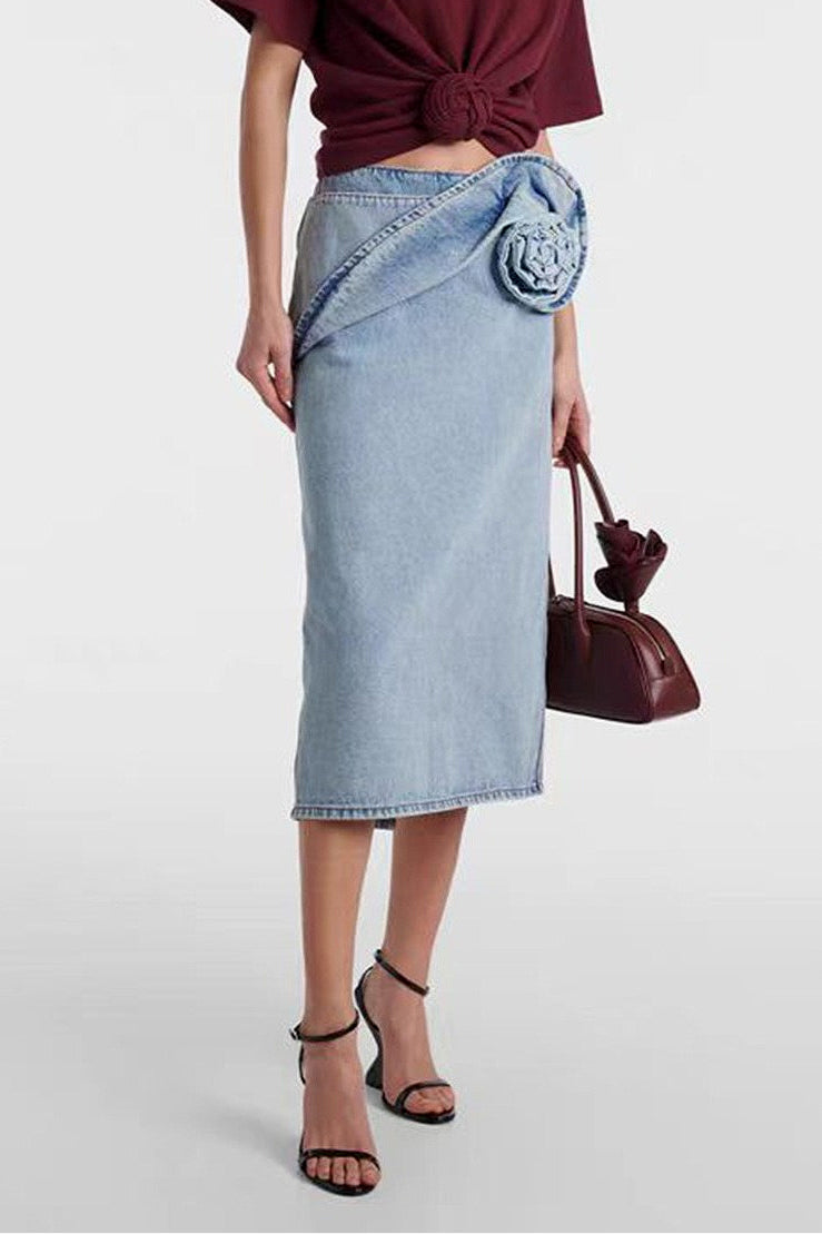 Ruched Rose Denim Skirt