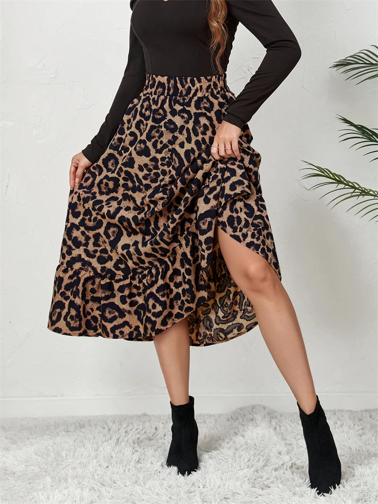 High Waist Leopard Midi Skirt for Printed Long Tulle Skirt Autumn New Chiffon A-line Skirt