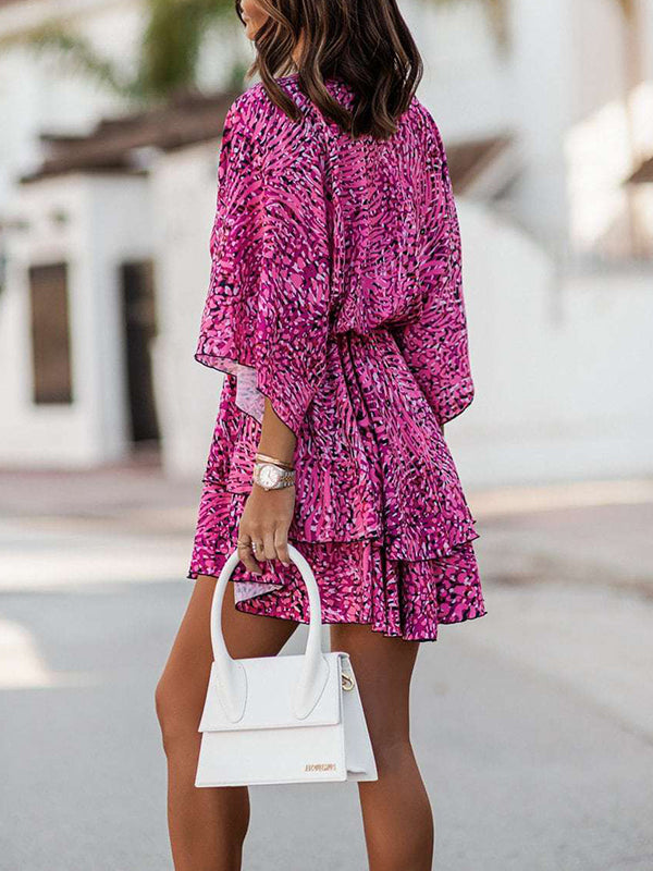 A-line High Waisted Double Layered Elasticity Printed V-neck Mini Dresses