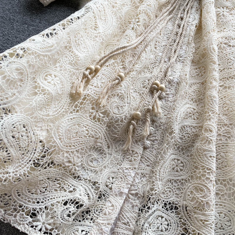 Apricot Cashew Flower Lace Embroidery Single Breasted Lantern Sleeve Midi Dress