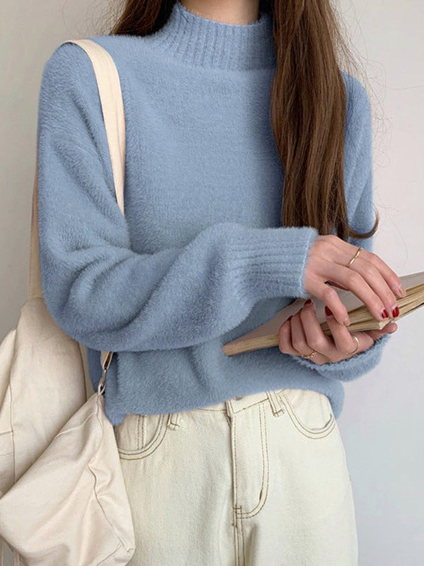Warm Pink Mock Neck Long Sleeve Mink Sweater Qx005