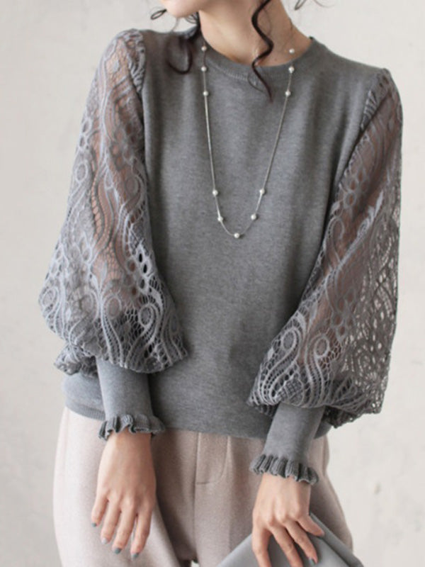 Tempermant Black Round-neck Patchwork Hollow Lace Long Puff Sleeves Sweater Qx011