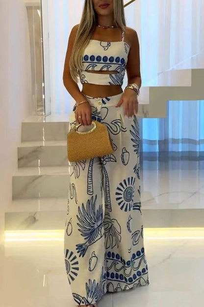 And Unique Print Suspender Top and Wide-leg Pants Set