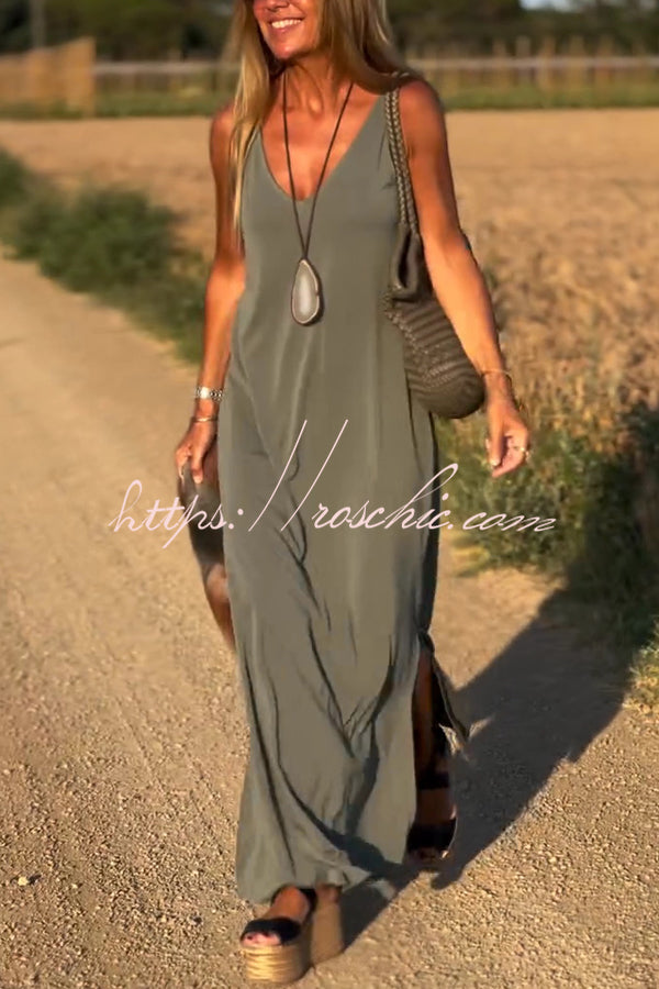 Color V-neck Sleeveless Loose Maxi Dress