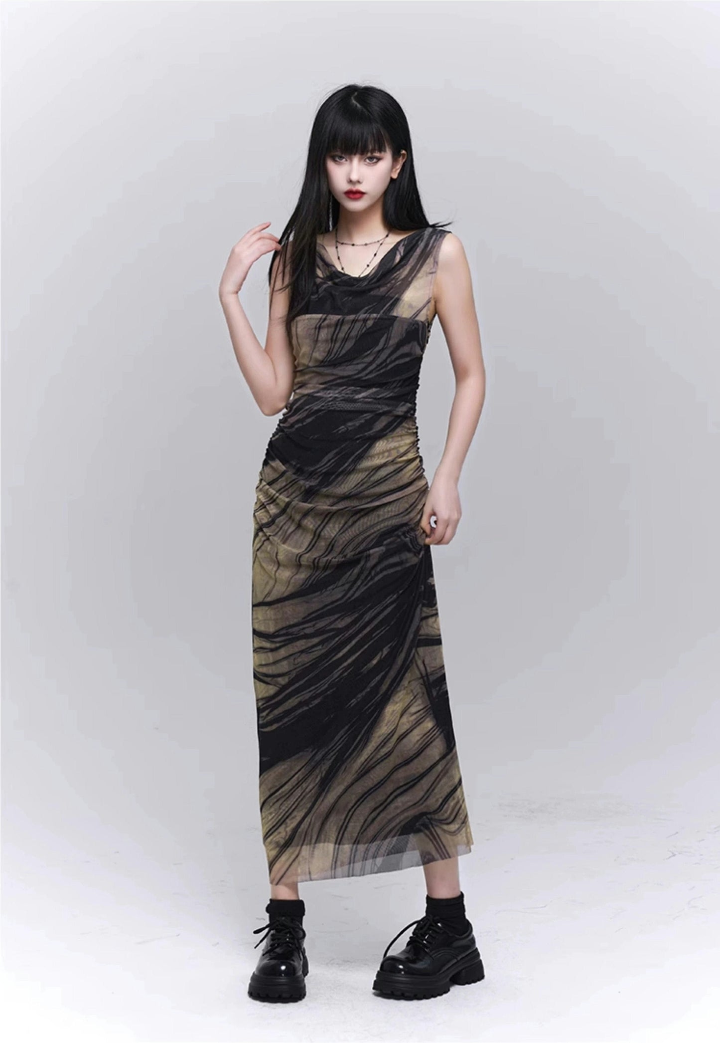 Marble Print Mesh Maxi Dress