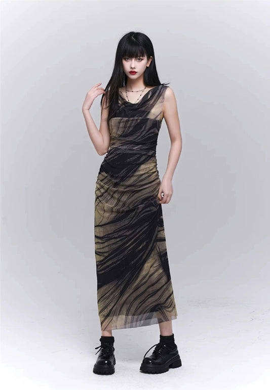 Marble Print Mesh Maxi Dress