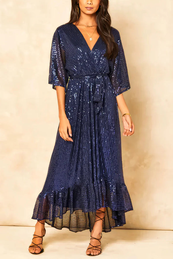 Color Sequined V-neck Waist Tie Loose Maxi Dress