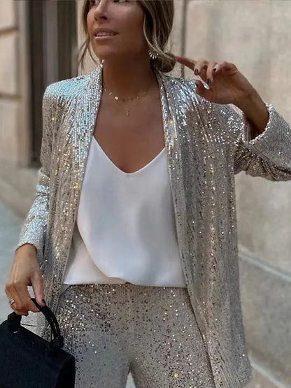 Sequin 2 Piece-set Straight Leg Slim Glitter Patchwork Suit Outwear and Pants Sets