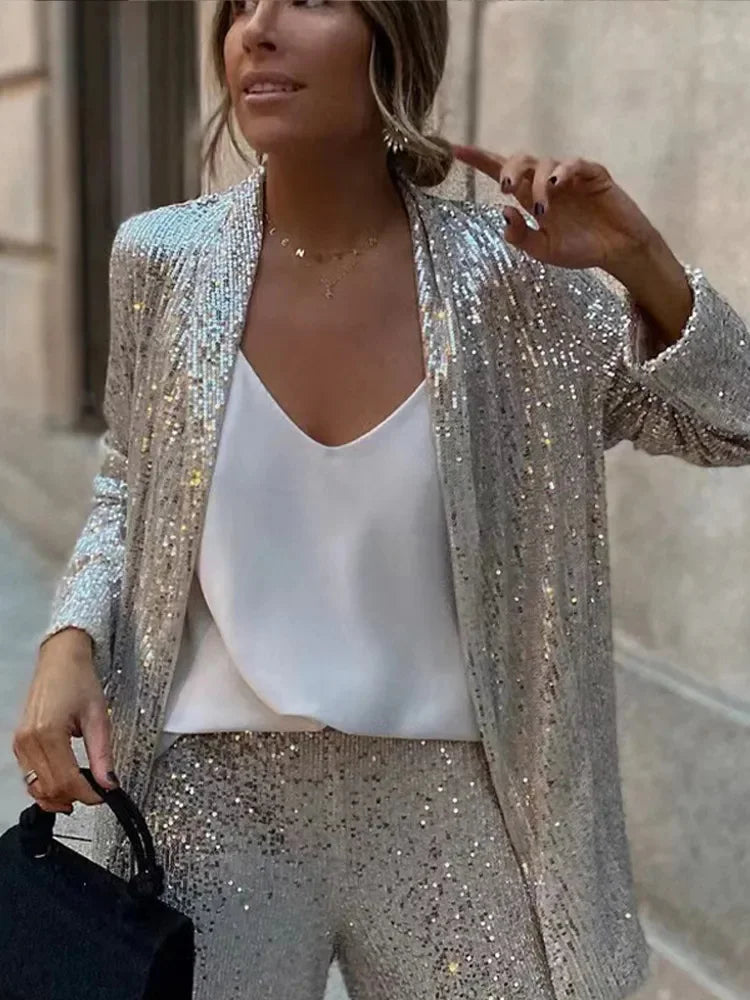 Sequin 2 Piece-set Straight Leg Slim Glitter Patchwork Suit Outwear and Pants Sets