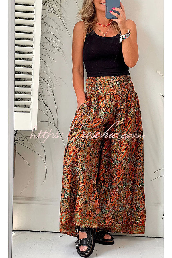 Fun Times Printed Pocketed Smocked Wide Leg Pants