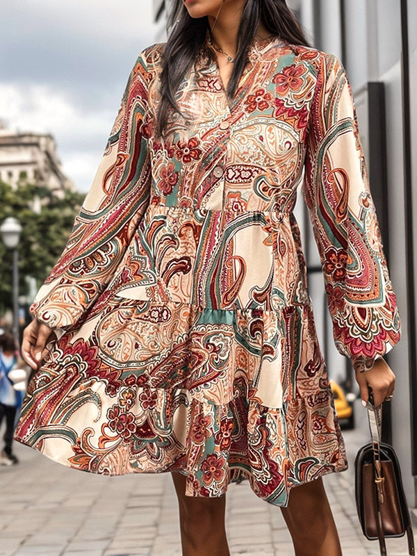 Long Sleeves Loose Buttoned Flower Print Split-joint V-neck Mini Dresses