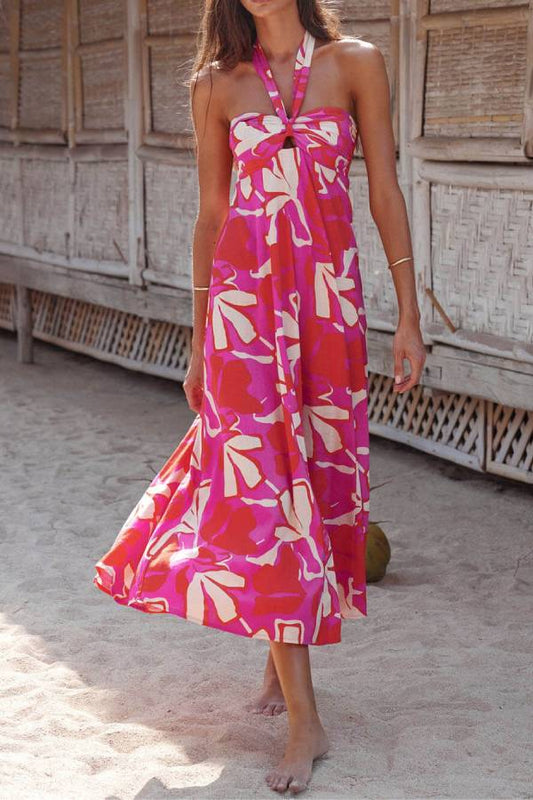 Halterneck Print Berry Lotus Midi Dress