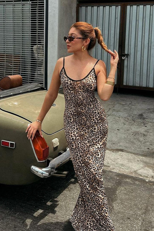 Leopard Print Spaghetti Strap Maxi Dress
