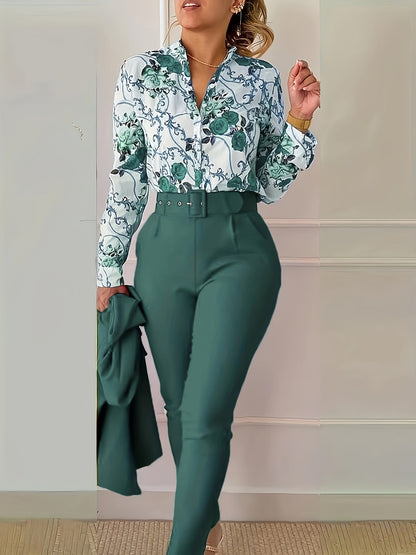 Print V Neck Long Sleeve Blouse & Belted Tapered Pants Td0870