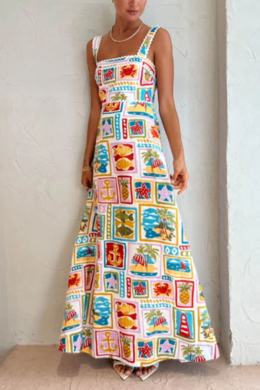 Oil Painting Art Print Wave Edge Sling Maxi Dress