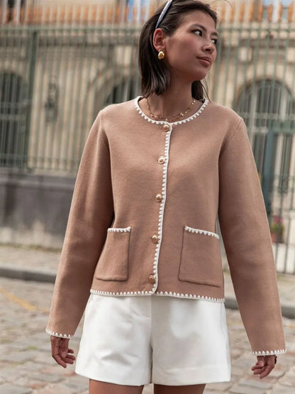 Patchwork Knitted Cardigan Autumn ’s Coat O Neck Long Sleeve Winter Female Warm Street Jacket New