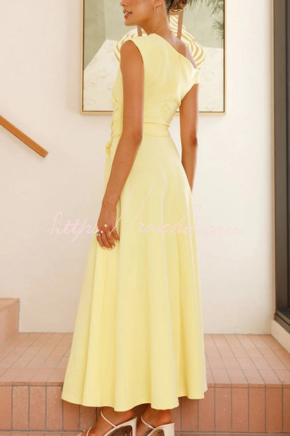 Color Sloped Collar Slim Fit Waist Lace Up Full Hem Maxi Dress