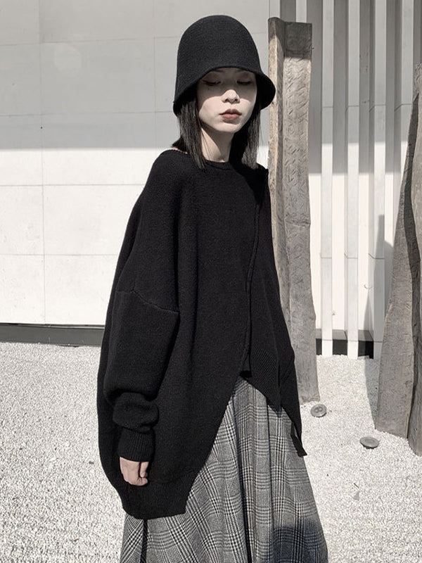 Original Loose Black Round-neck Batwing Sleeve Irregular Hem Knit Sweater An1037